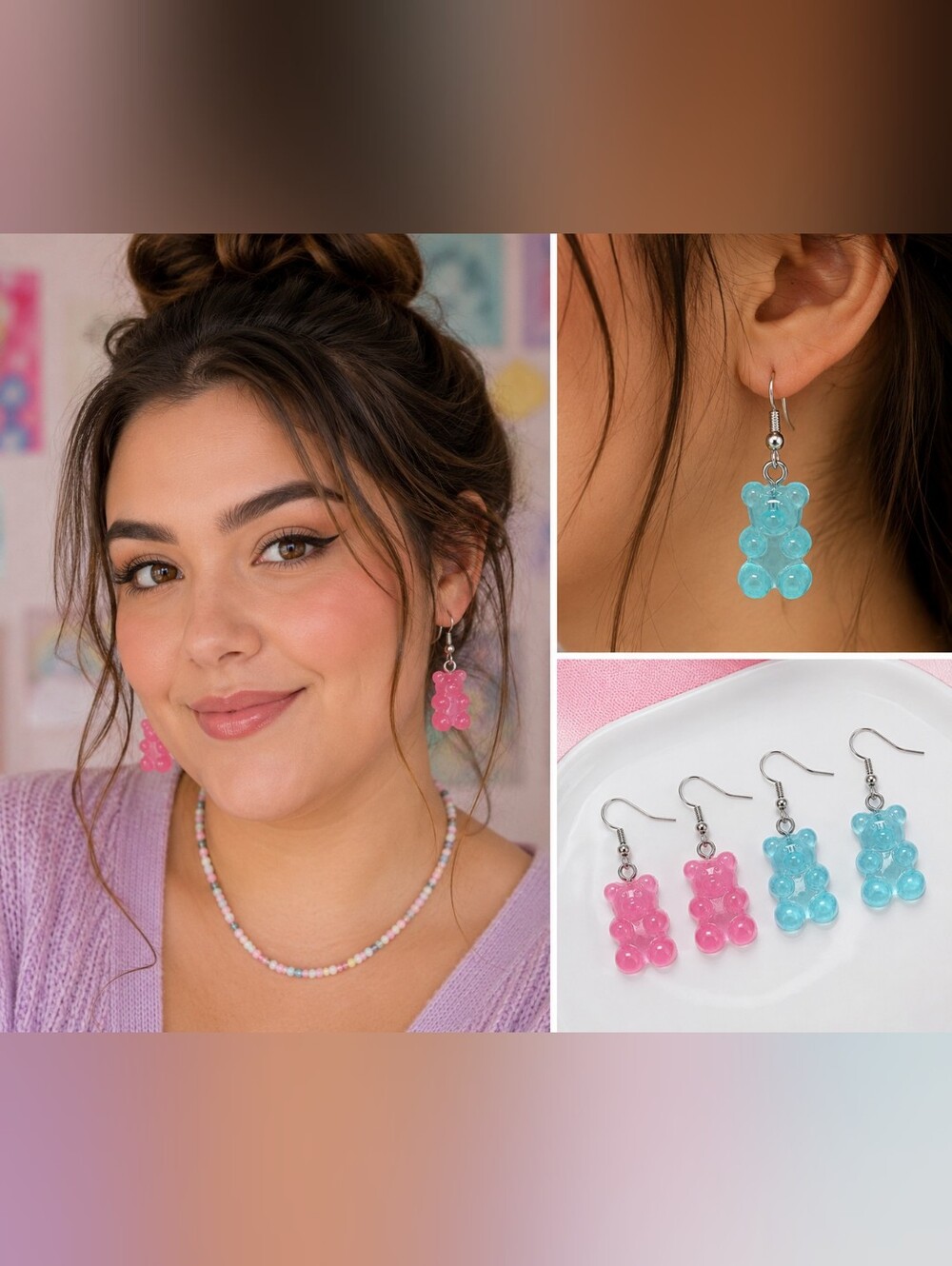 Lot of 2 Pairs Gummy Bear Dangle Earrings Pink & Blue 1.5" Cute Kawaii Fish Hook